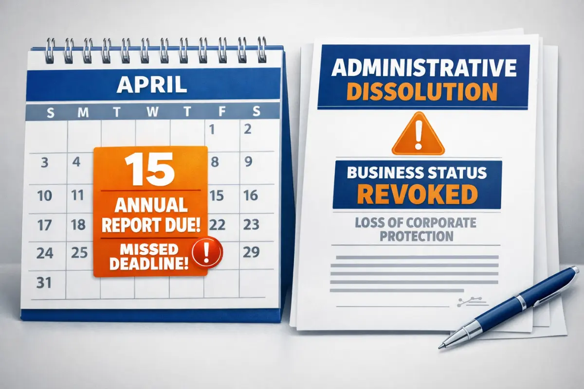 Administrative dissolution notice showing missed annual report deadline resulting in business status revoked and loss of corporate protection for LLC or corporation