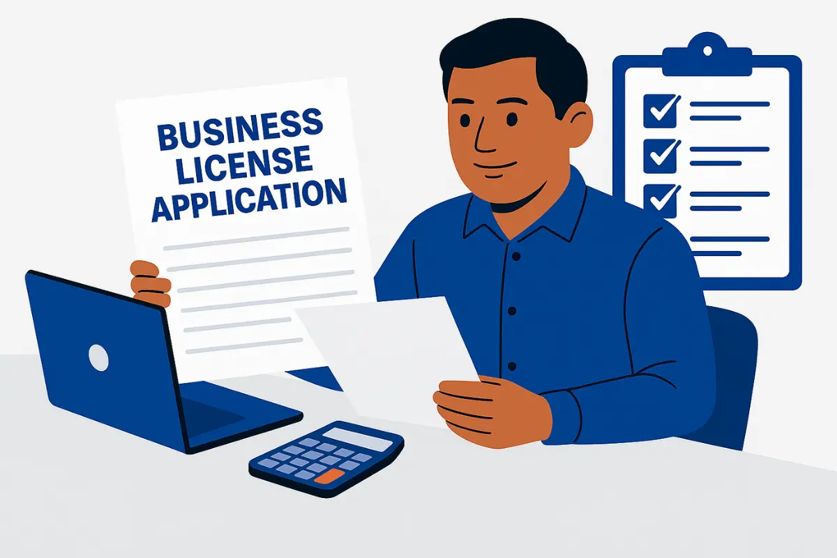 Business owner completing business license application with checklist and documents.