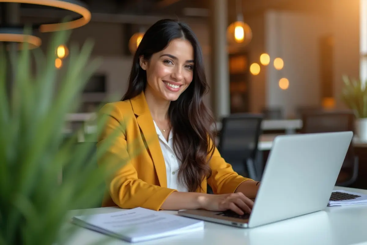 A professional woman sitting at a desk with a laptop, smiling confidently, suggesting successful business management or compliance preparation.