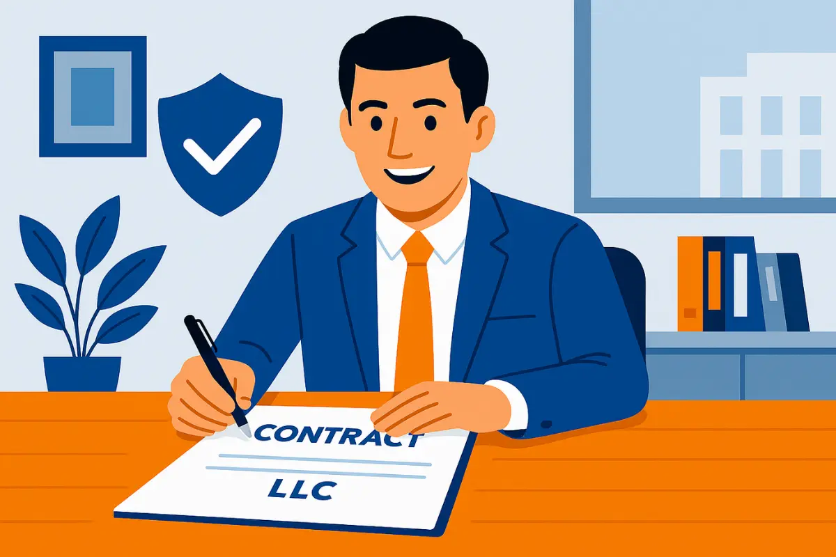 Business professional signing legal contract with proper LLC designation showing importance of including LLC in business name for legal protection