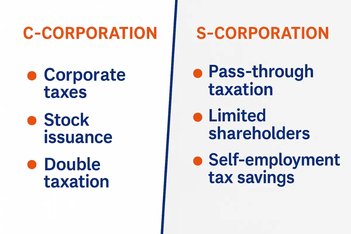 C-corporation vs S-corporation comparison chart showing taxation differences and business structure benefits.