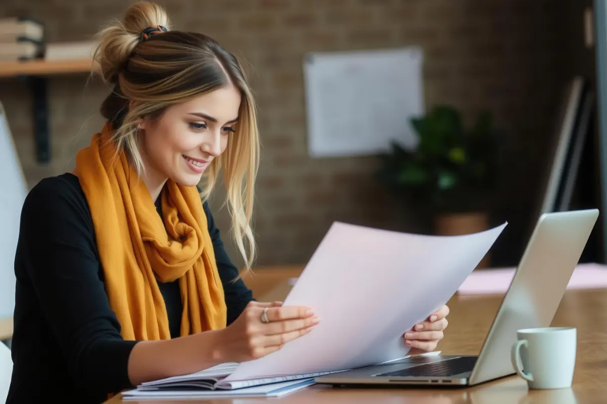 Professional businesswoman reviewing LLC ownership transfer documents on laptop in modern office