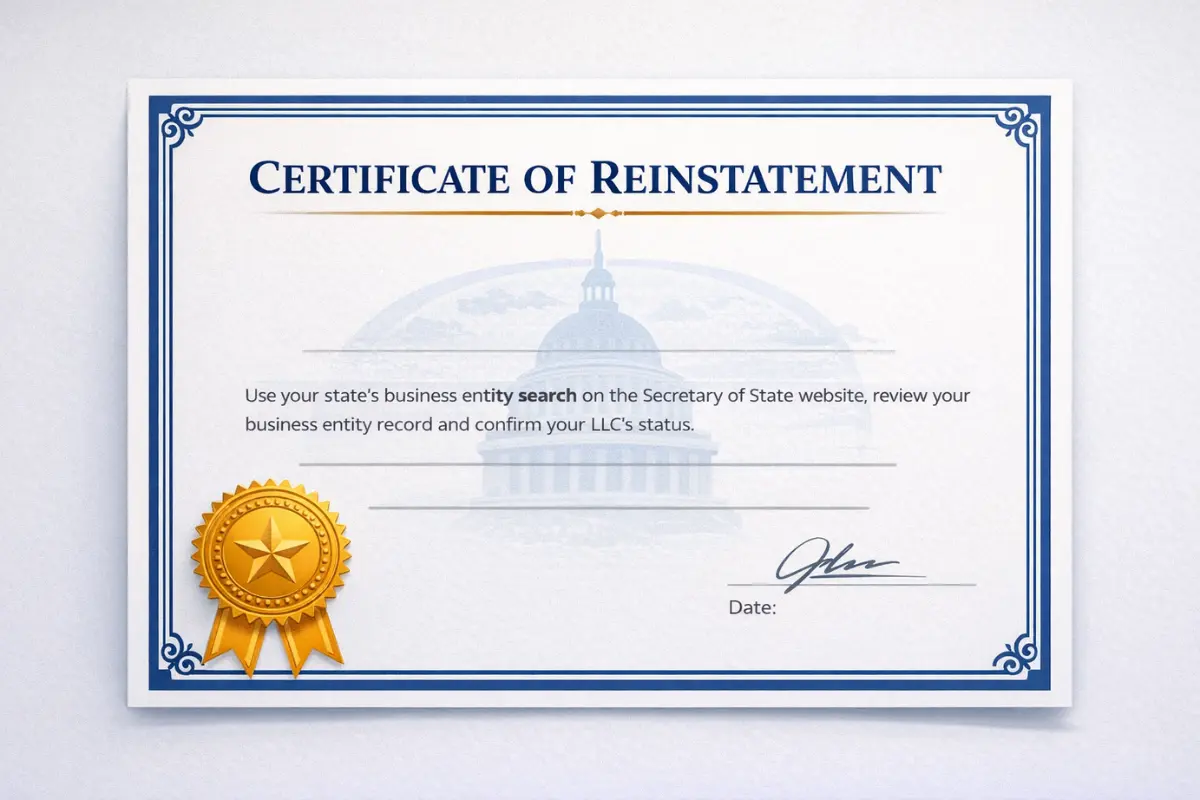 Certificate of reinstatement LLC restoring business to good standing.