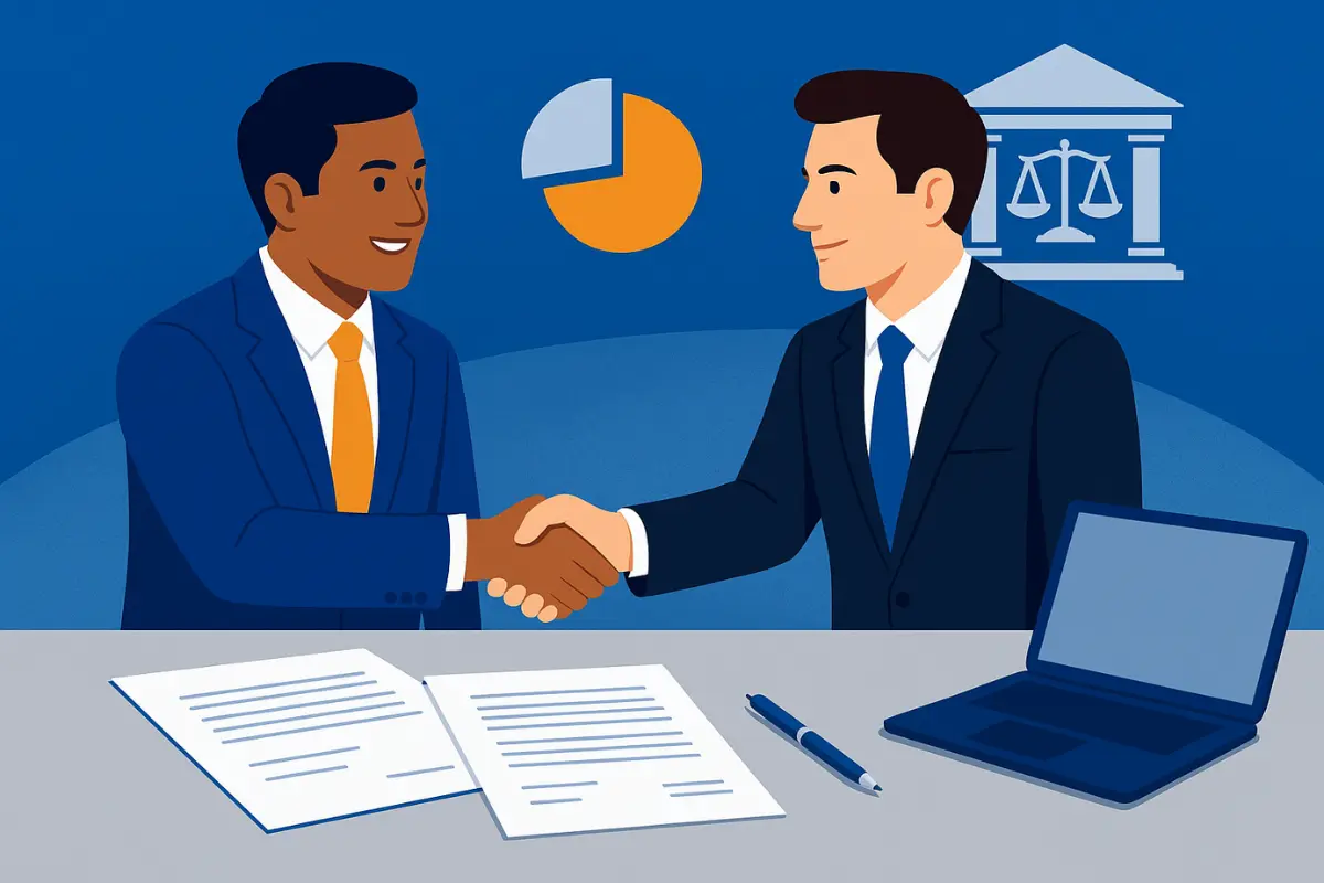 Business partners shaking hands over LLC ownership transfer agreement with legal documents and laptop