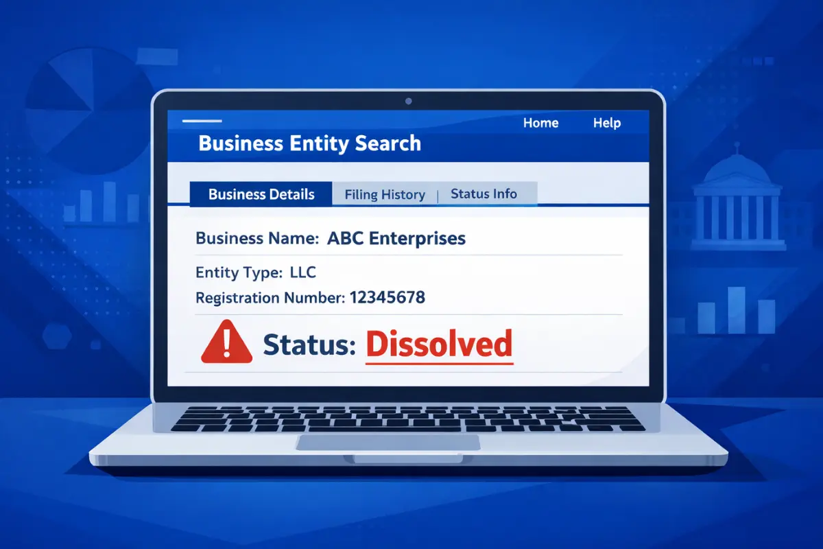 Business entity search result showing dissolved company status meaning for an LLC on a state database with registration details and dissolved warning indicator