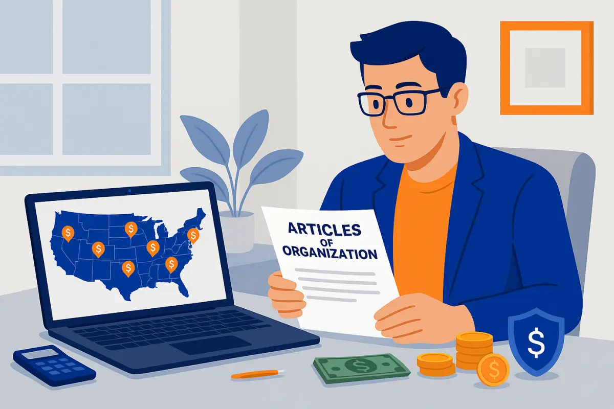 Entrepreneur comparing cost of LLC filing fees by state with articles of organization and state map showing cheapest LLC states