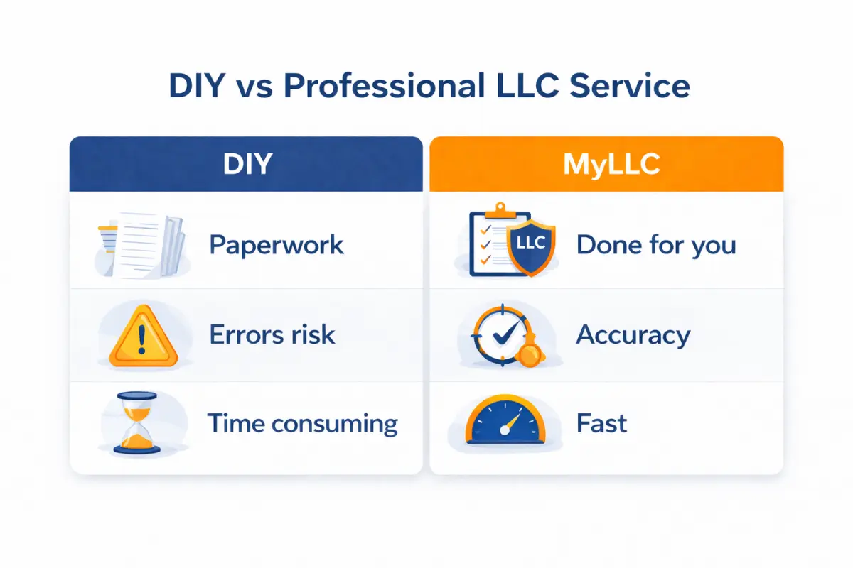 Comparison chart of DIY versus professional LLC formation service showing DIY involves paperwork, errors risk, and time consuming steps while a professional LLC service offers accuracy, speed, and done-for-you filing