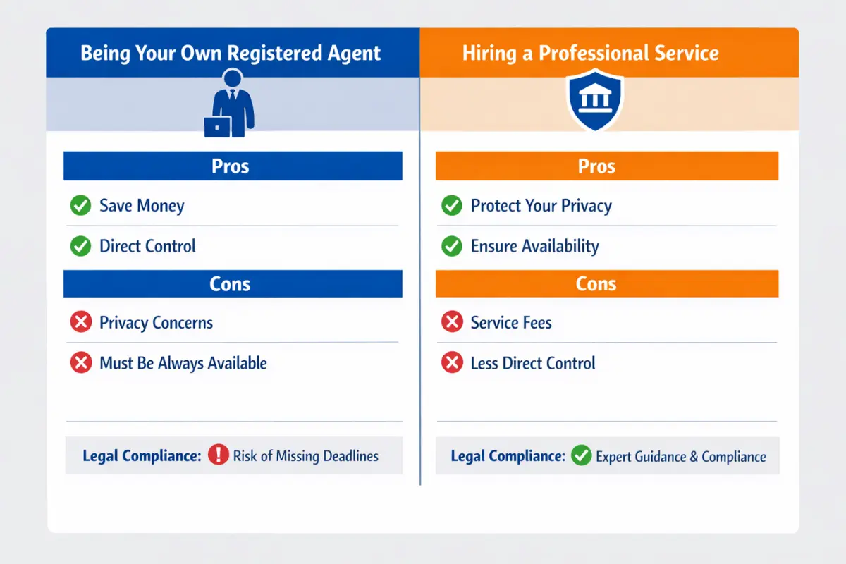 Can business owner be the registered agent comparison showing pros and cons of being your own registered agent versus hiring professional service.