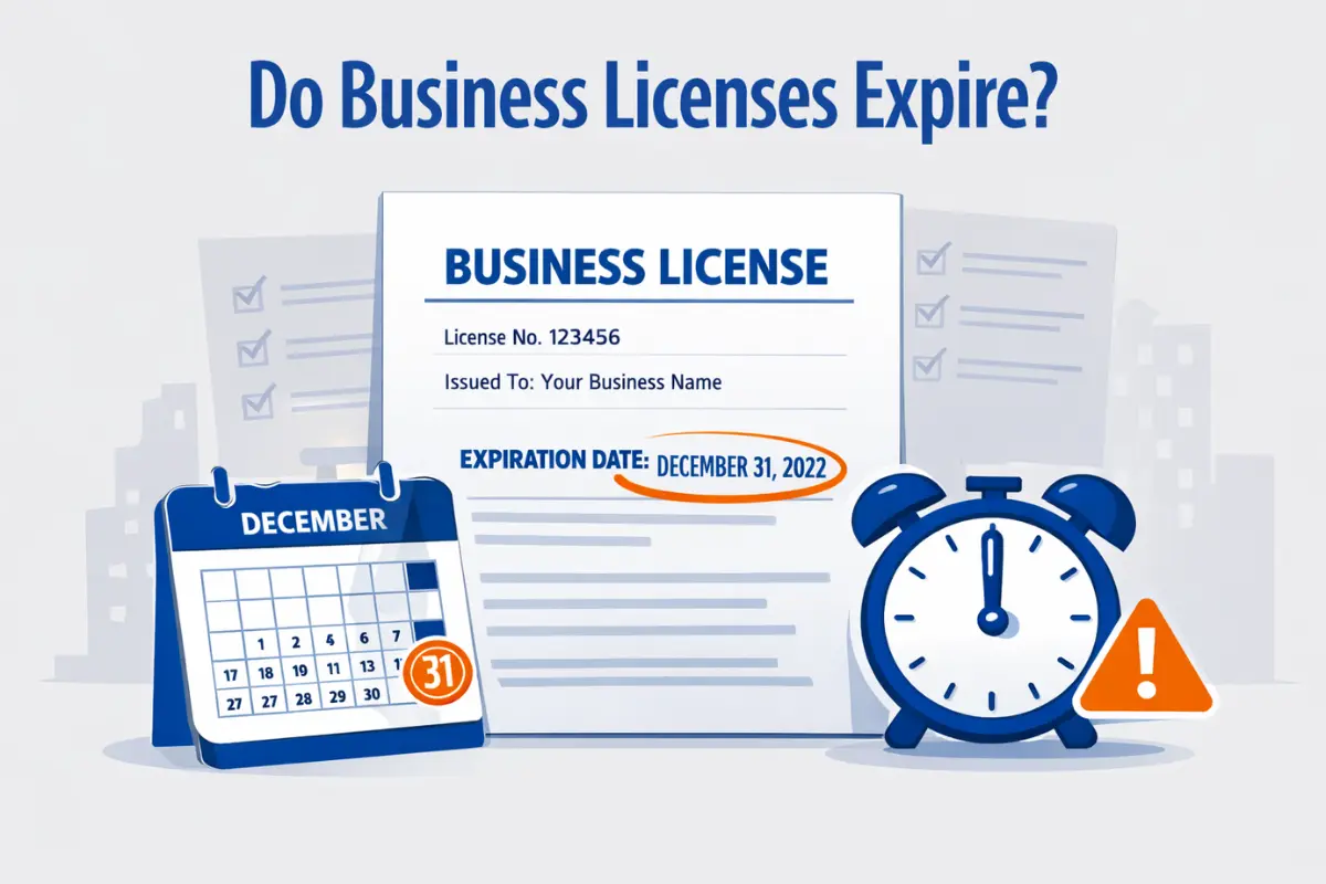 Do business licenses expire showing expiration date December 31 with calendar and clock highlighting how long does a business license last before renewal.