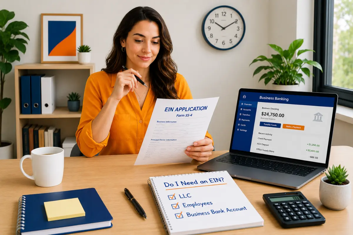 Business owner reviewing an EIN application Form SS-4 with a checklist showing LLC, employees, and business bank account requirements