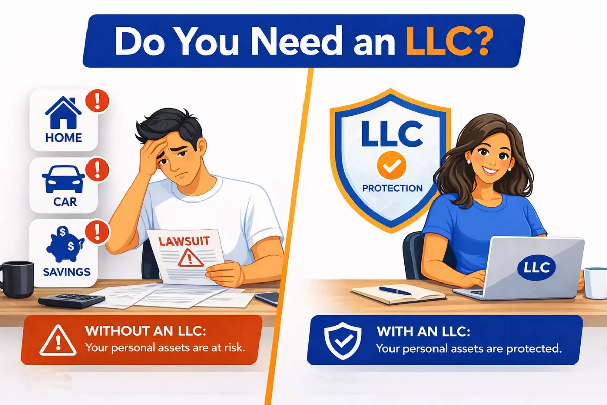 Infographic comparing LLC vs sole proprietorship showing that without an LLC personal assets like home, car, and savings are at risk from lawsuits while LLC protection shields business owners from personal liability
