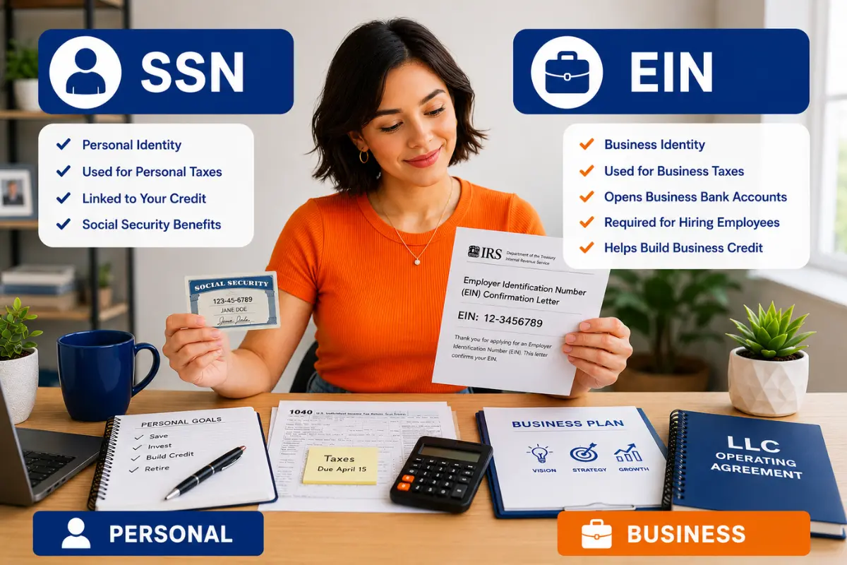 Business owner comparing an EIN and SSN while reviewing personal and business tax identification documents