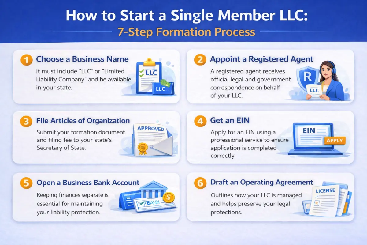 Steps for forming a single member LLC including filing articles and getting EIN