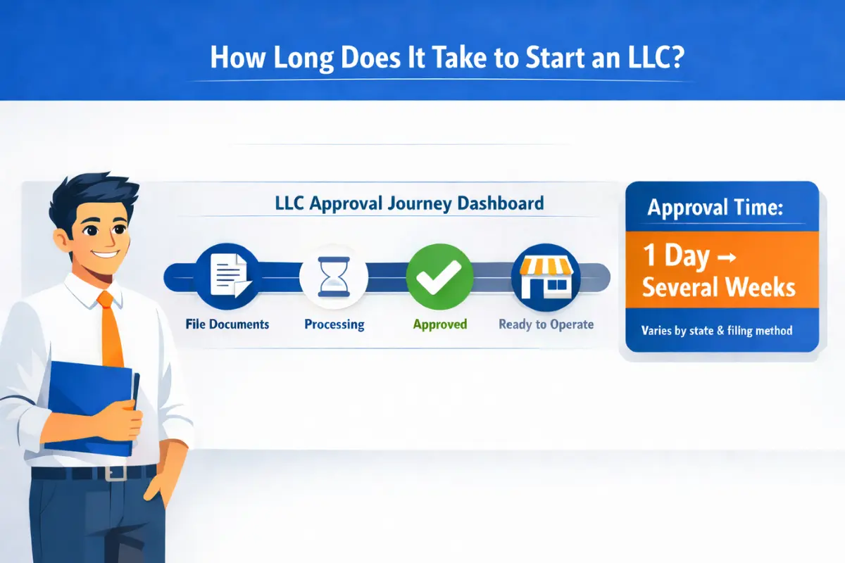 Infographic showing how long it takes to start an LLC with an approval journey dashboard illustrating LLC processing time from filing documents to approval ranging from one day to several weeks depending on state and filing method
