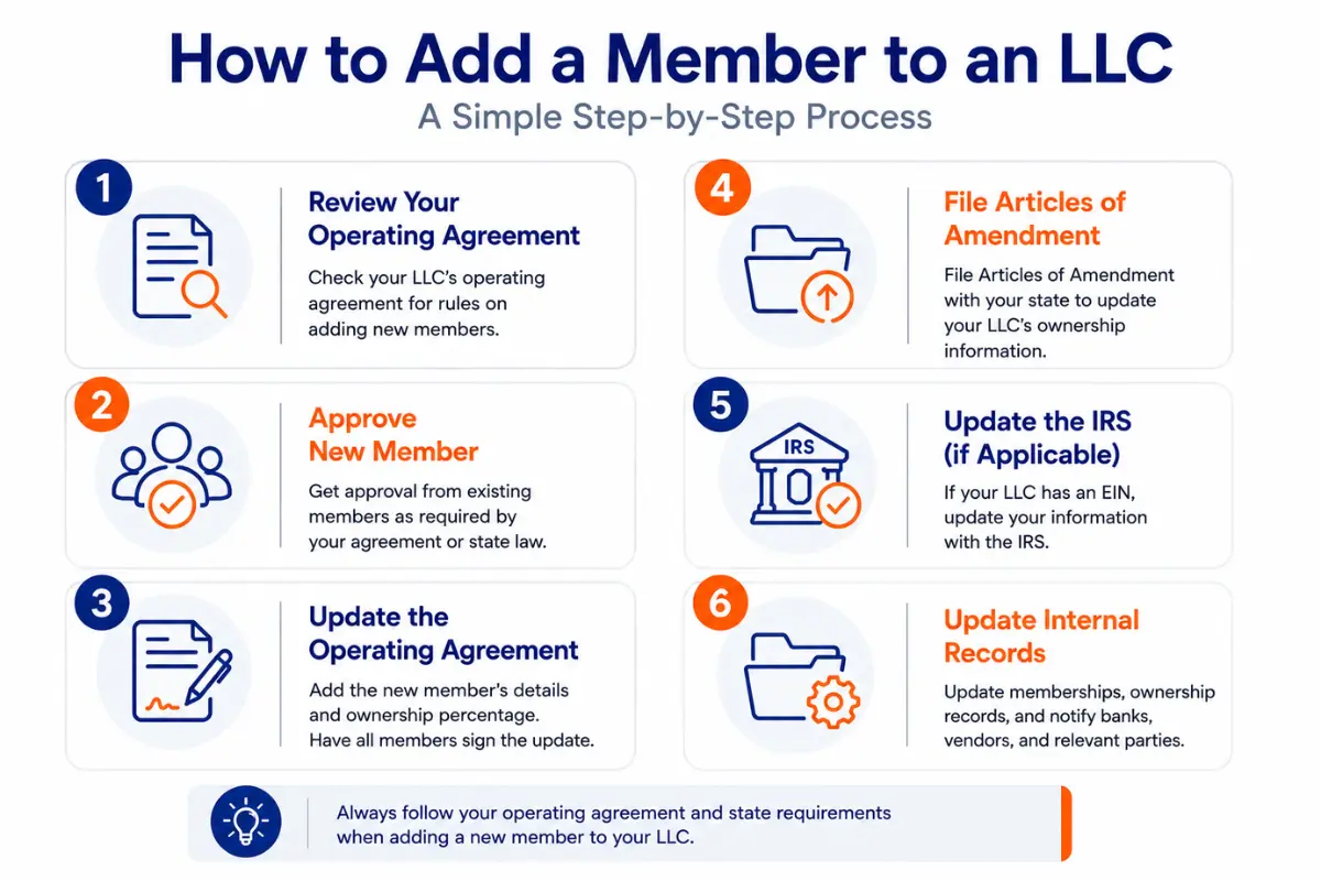 tep by step process for adding a member to an LLC including updating agreement, approval, and filing requirements