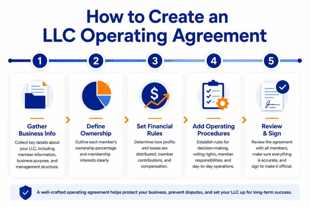 Step-by-step process to create an LLC operating agreement including ownership, financial rules, and signing requirements