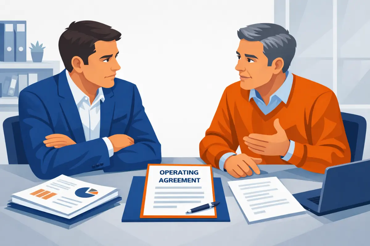 LLC partners discussing how to get out of a partnership LLC by reviewing operating agreement terms for member removal and exit procedures.