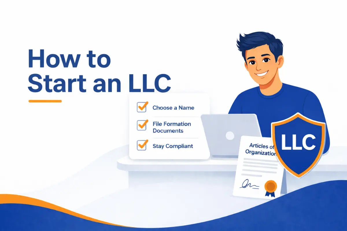 How to start an LLC infographic showing the key steps to LLC formation including choosing a name, filing formation documents, and staying compliant with articles of organization