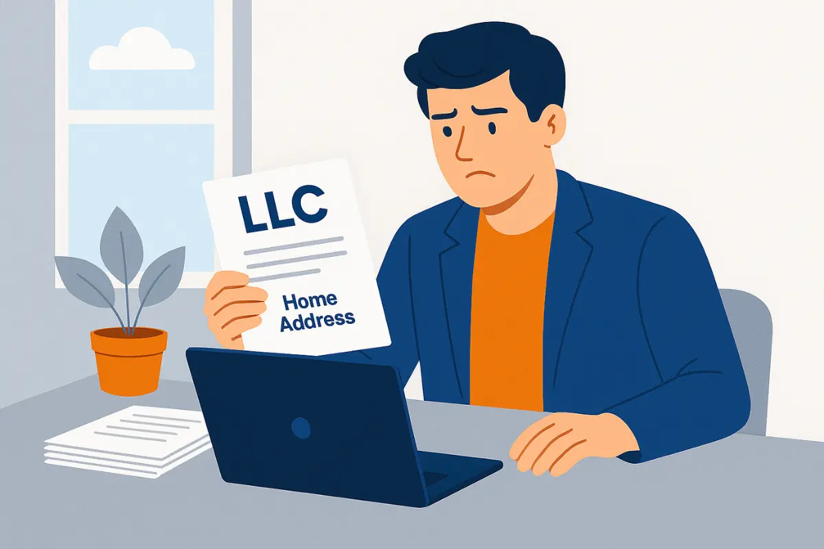Entrepreneur reviewing LLC formation documents considering home address privacy protection options