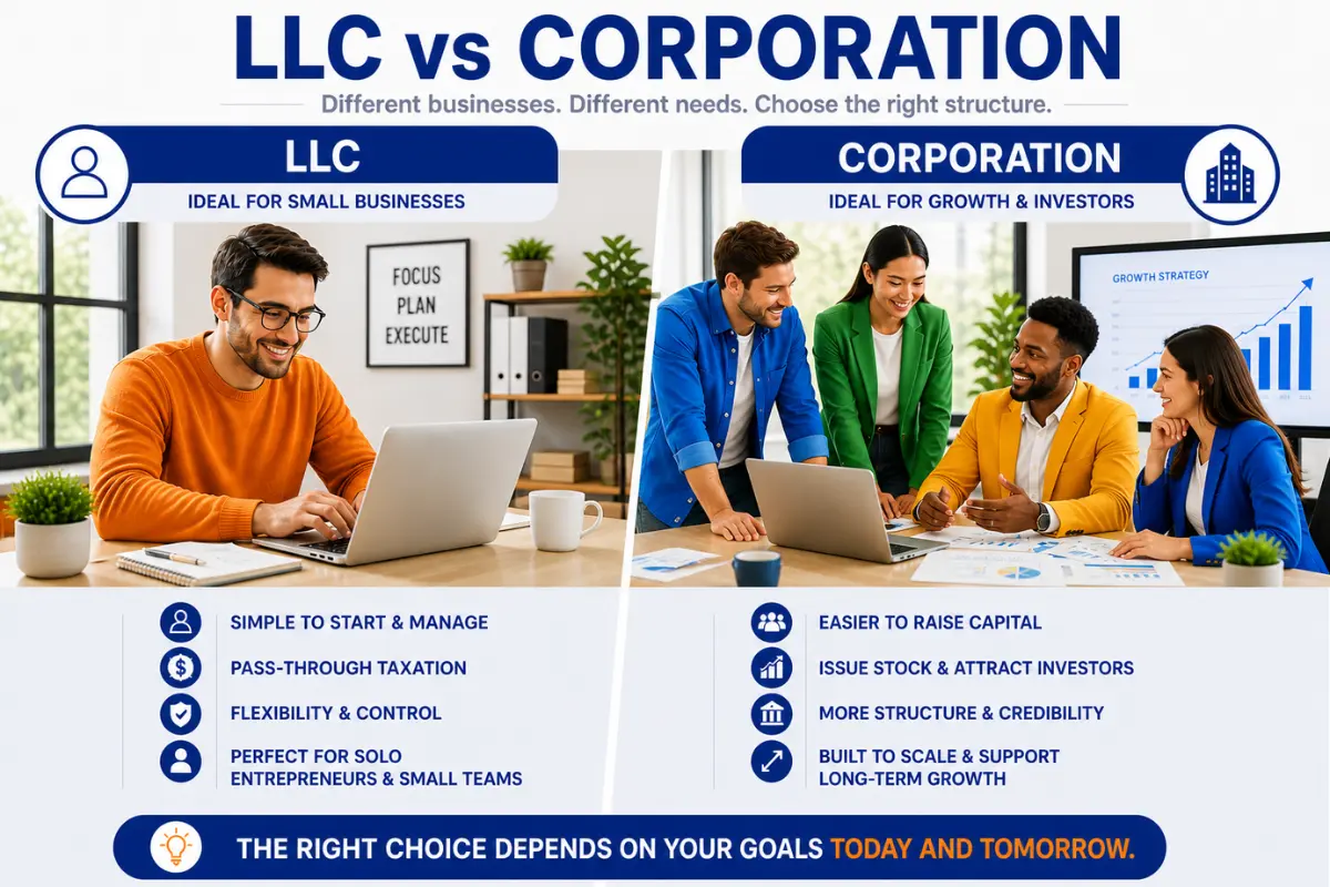 Small business owner vs startup team showing when to choose an LLC or corporation