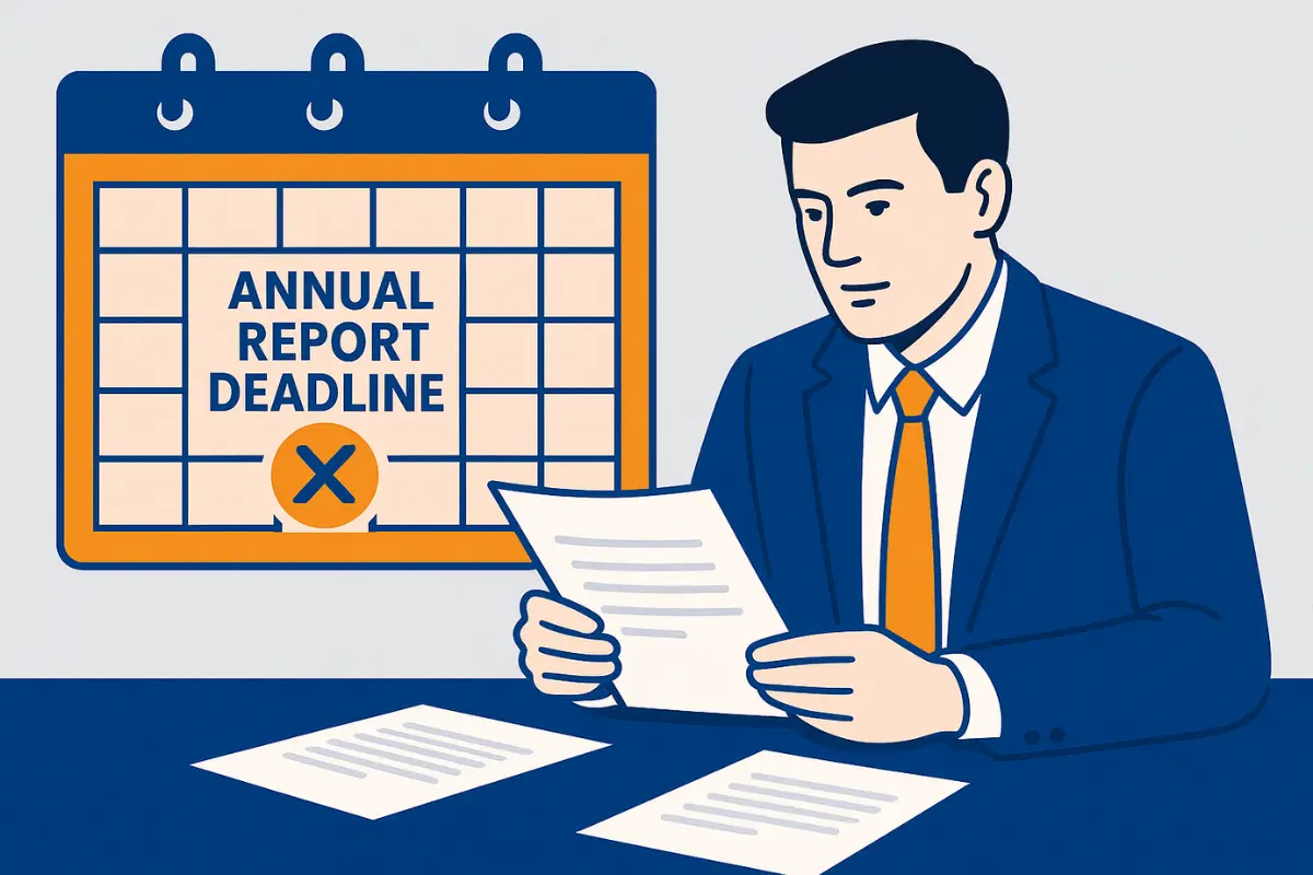 Business owner reviewing missed LLC annual report deadline on calendar showing consequences of late filing and compliance penalties