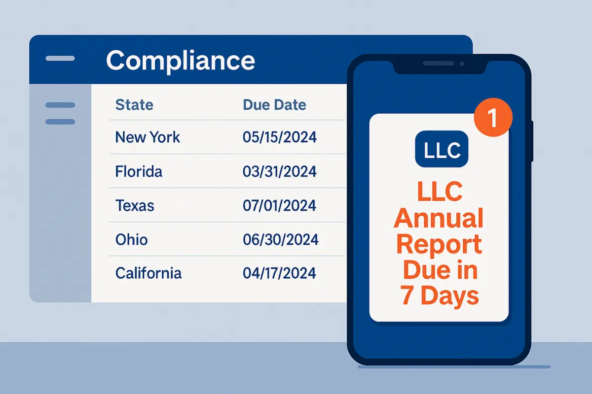 LLC compliance tracking dashboard showing state filing due dates with mobile reminder notification for annual report deadlines by state
