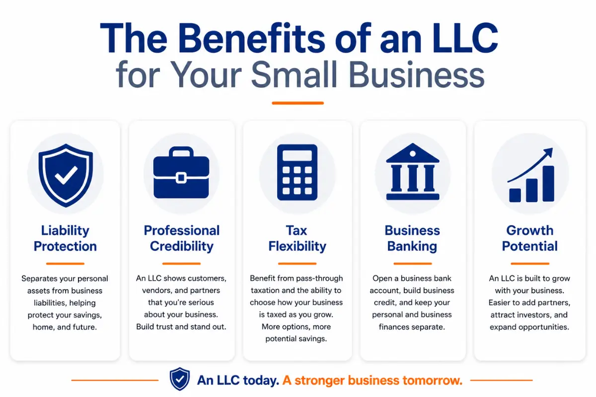 Benefits of an LLC for a small business including liability protection, credibility, tax flexibility, business banking, and growth opportunities