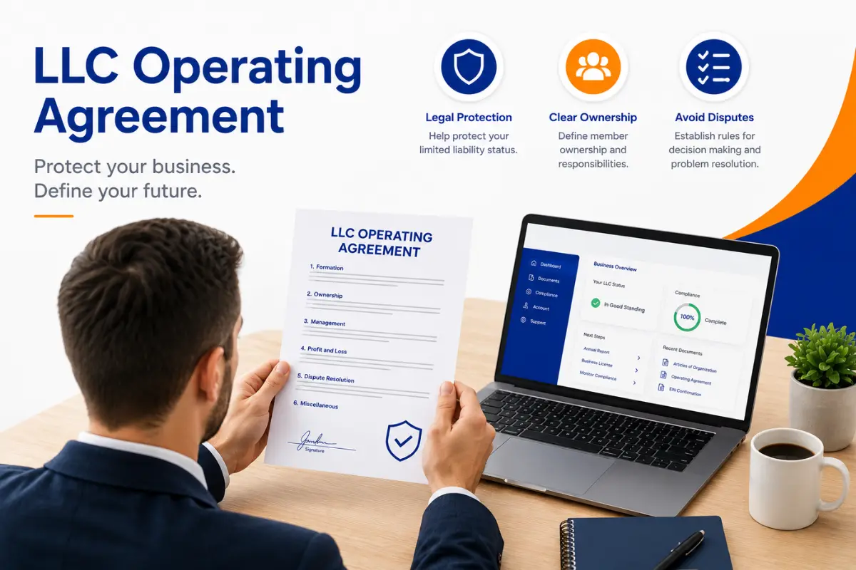 LLC operating agreement document with business owner reviewing company ownership and legal structure paperwork
