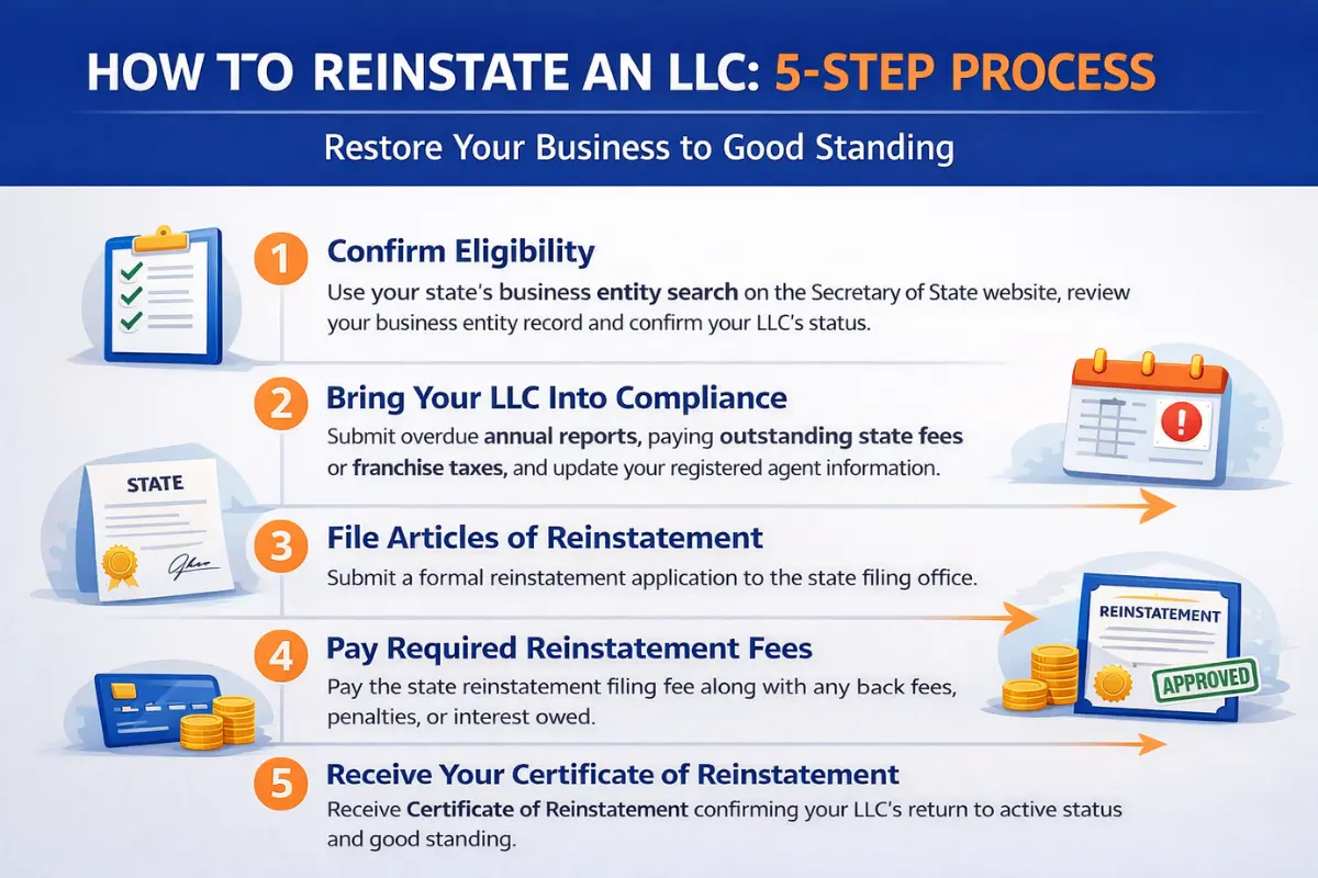 LLC reinstatement process including filing articles of reinstatement.