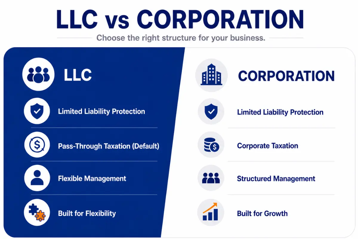 LLC vs corporation comparison showing differences in taxes, ownership, and structure