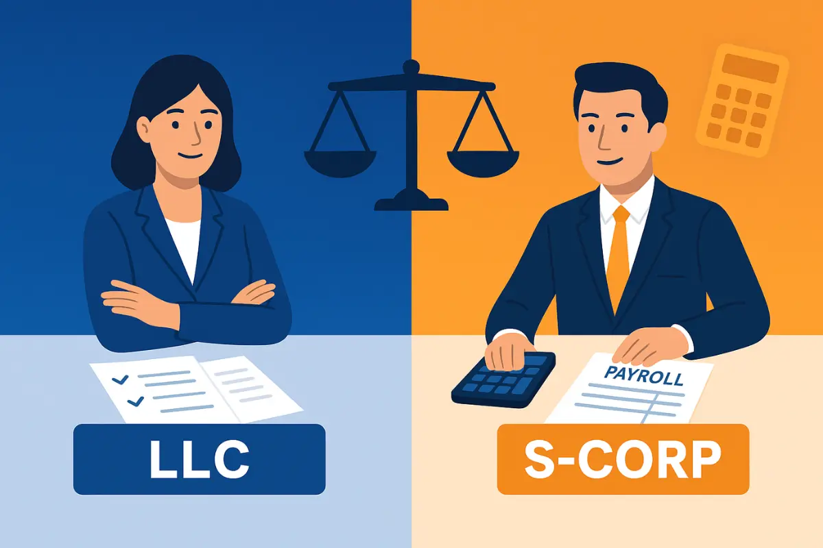 LLC vs S-Corp comparison showing tax advantages and payroll requirements differences for small business owners