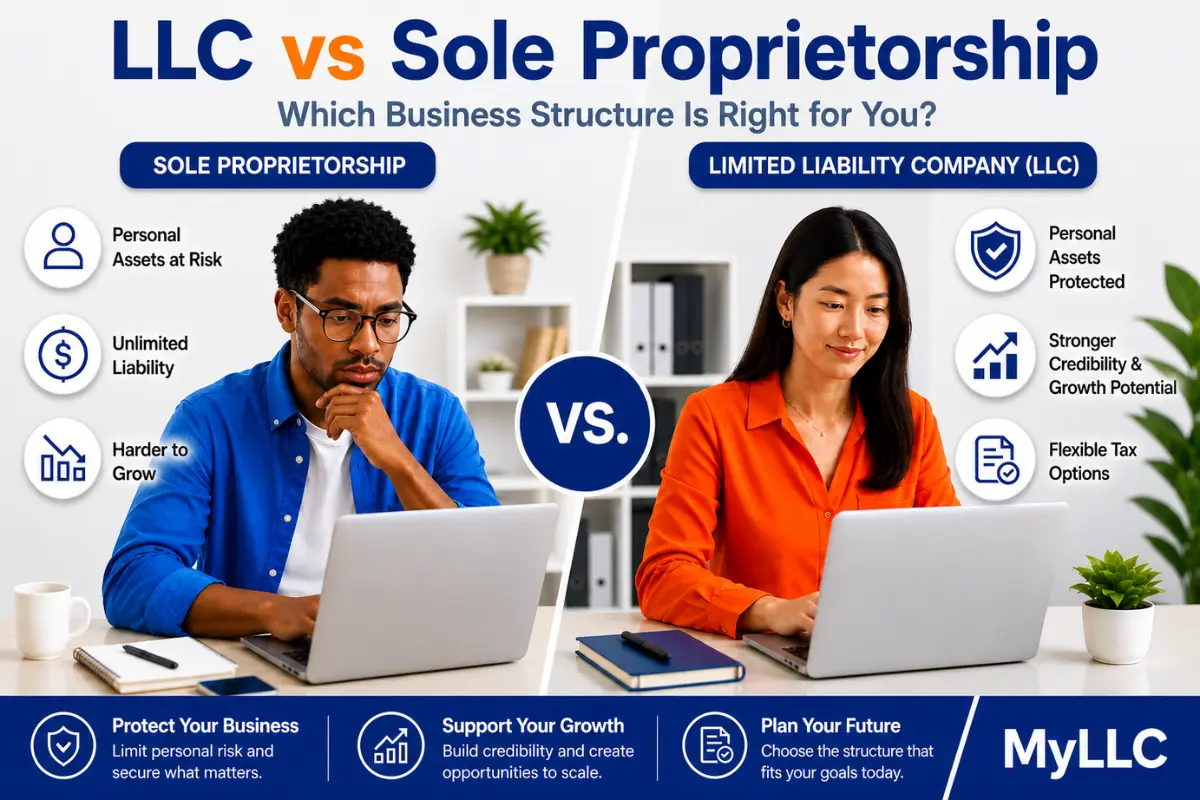 LLC vs sole proprietorship comparison showing business owner choosing between legal structures