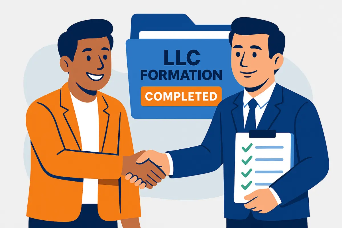 Business owner completing LLC formation with professional service showing successful registration and compliance checklist