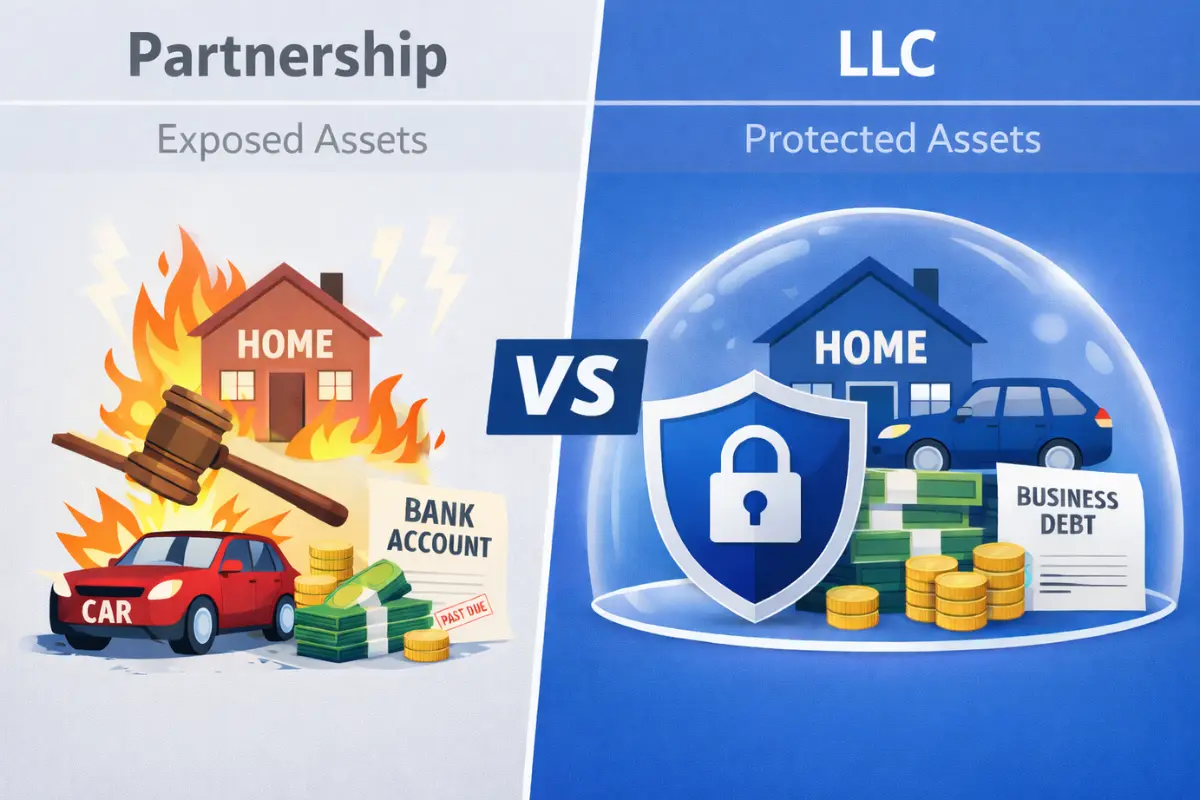 Infographic comparing multi-member LLC versus general partnership showing that a partnership leaves personal assets like home, car, and bank account exposed to lawsuits while an LLC provides limited liability protection for all members