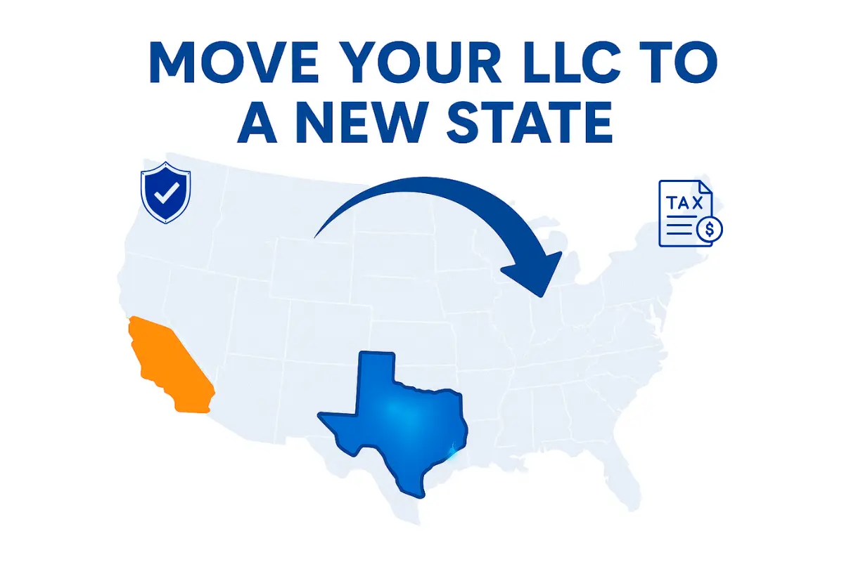 Map showing how to re-domesticate your LLC from California to Texas with jurisdiction change and tax benefits.