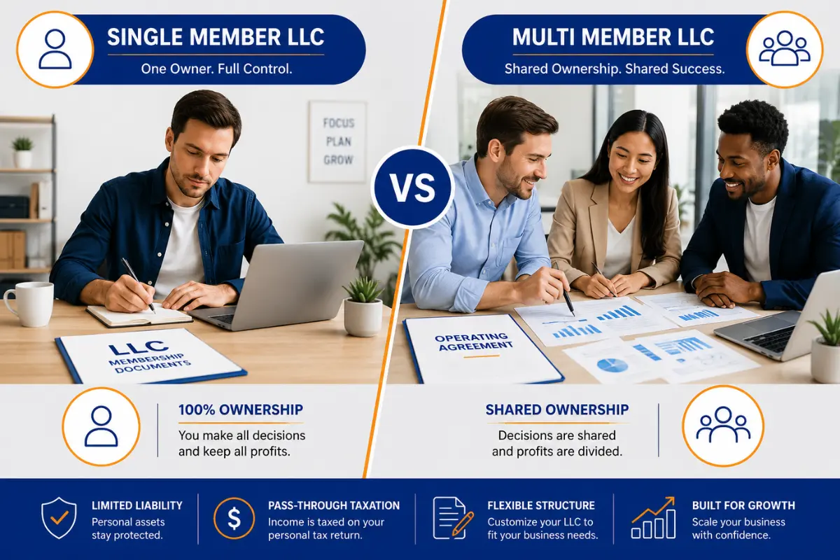 Single member LLC owner compared to multiple business partners illustrating the differences between single member and multi member LLC structures