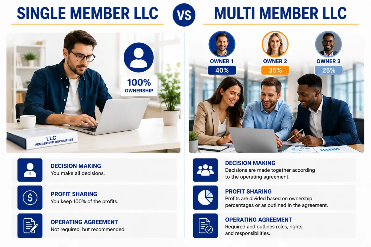 Ownership structure comparison showing one owner in a single member LLC versus multiple owners in a multi member LLC