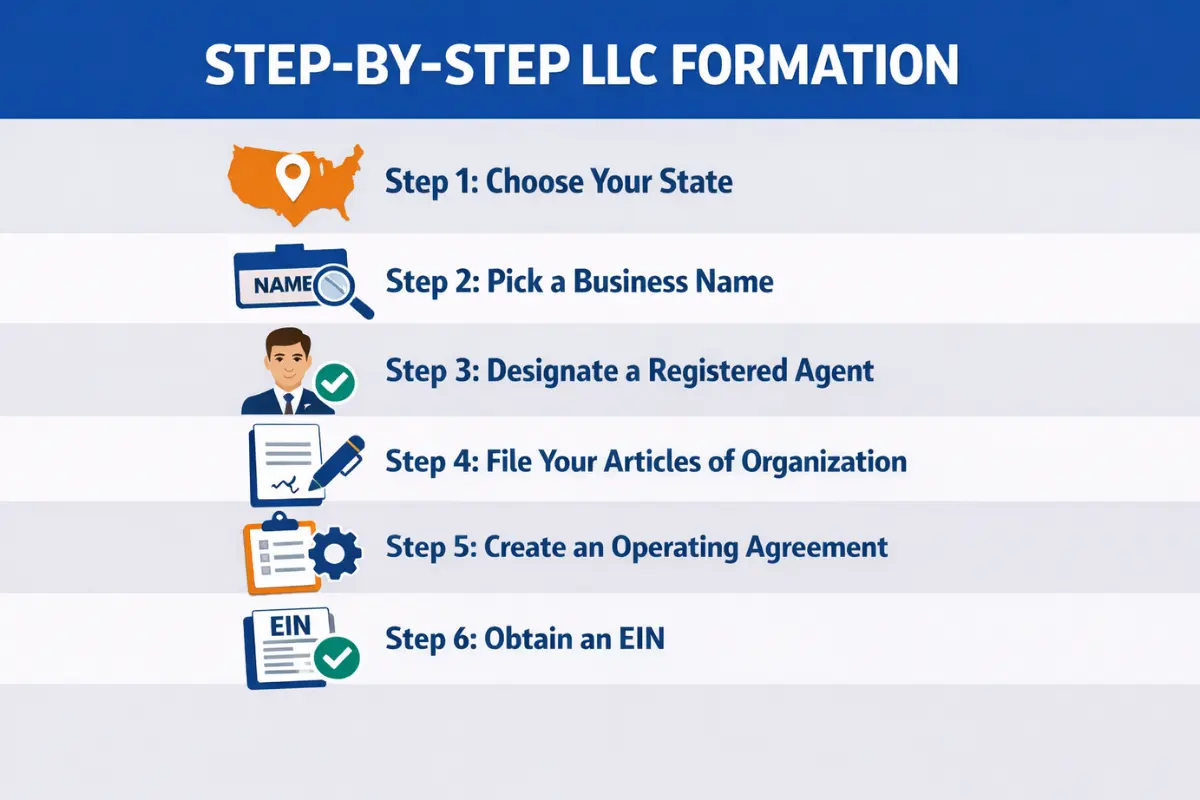 Step-by-step LLC formation guide showing how to start an LLC in six steps: choose your state, pick a business name, designate a registered agent, file articles of organization, create an operating agreement, and obtain an EIN