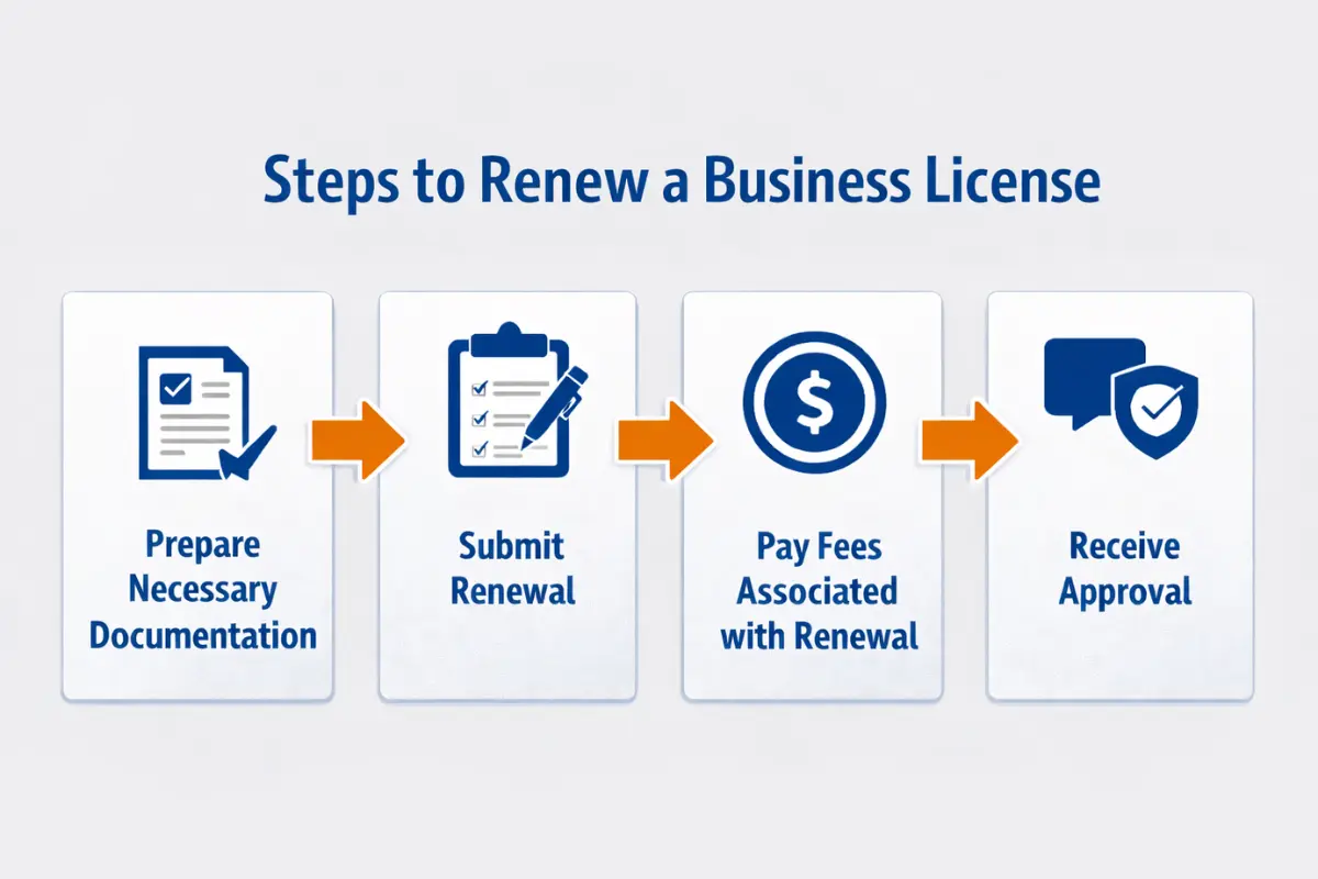 Steps to renew business license showing how often business licenses need to be renewed: prepare documentation, submit renewal, pay fees, receive approval.