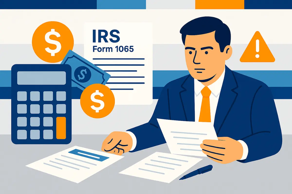 Businessman calculating tax implications of LLC ownership change with IRS Form 1065 and financial documents
