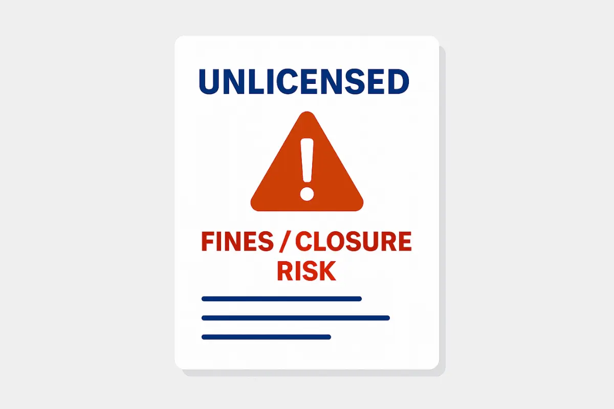 Unlicensed business warning document showing risk of fines or closure for missing business license.