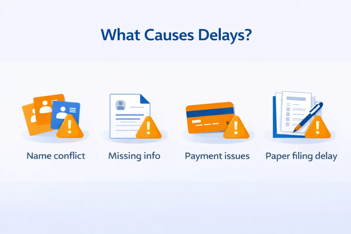 Infographic showing four common causes of LLC formation delays including business name conflicts, missing information, payment issues, and paper filing delays that slow down LLC approval time