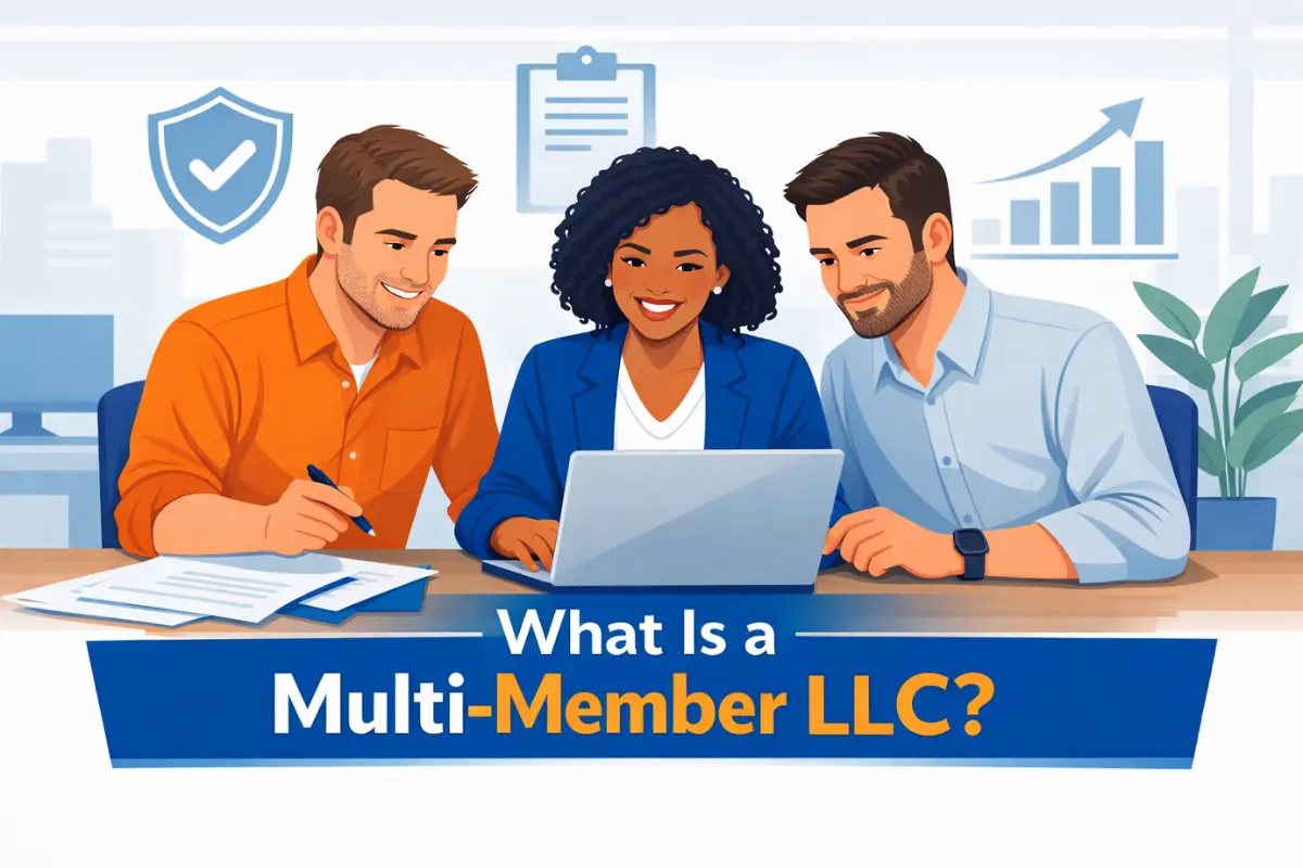 Illustration showing what is a multi-member LLC with three business co-owners reviewing formation documents together with liability protection and growth symbols in the background