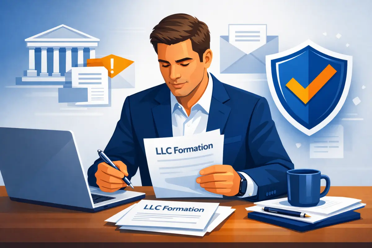 Business owner completing LLC formation documents understanding what is a registered agent for LLC requirement.