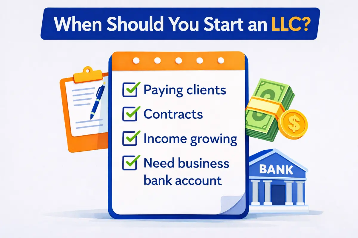 Checklist infographic showing when you should form an LLC including having paying clients, signing contracts, growing income, and needing a business bank account